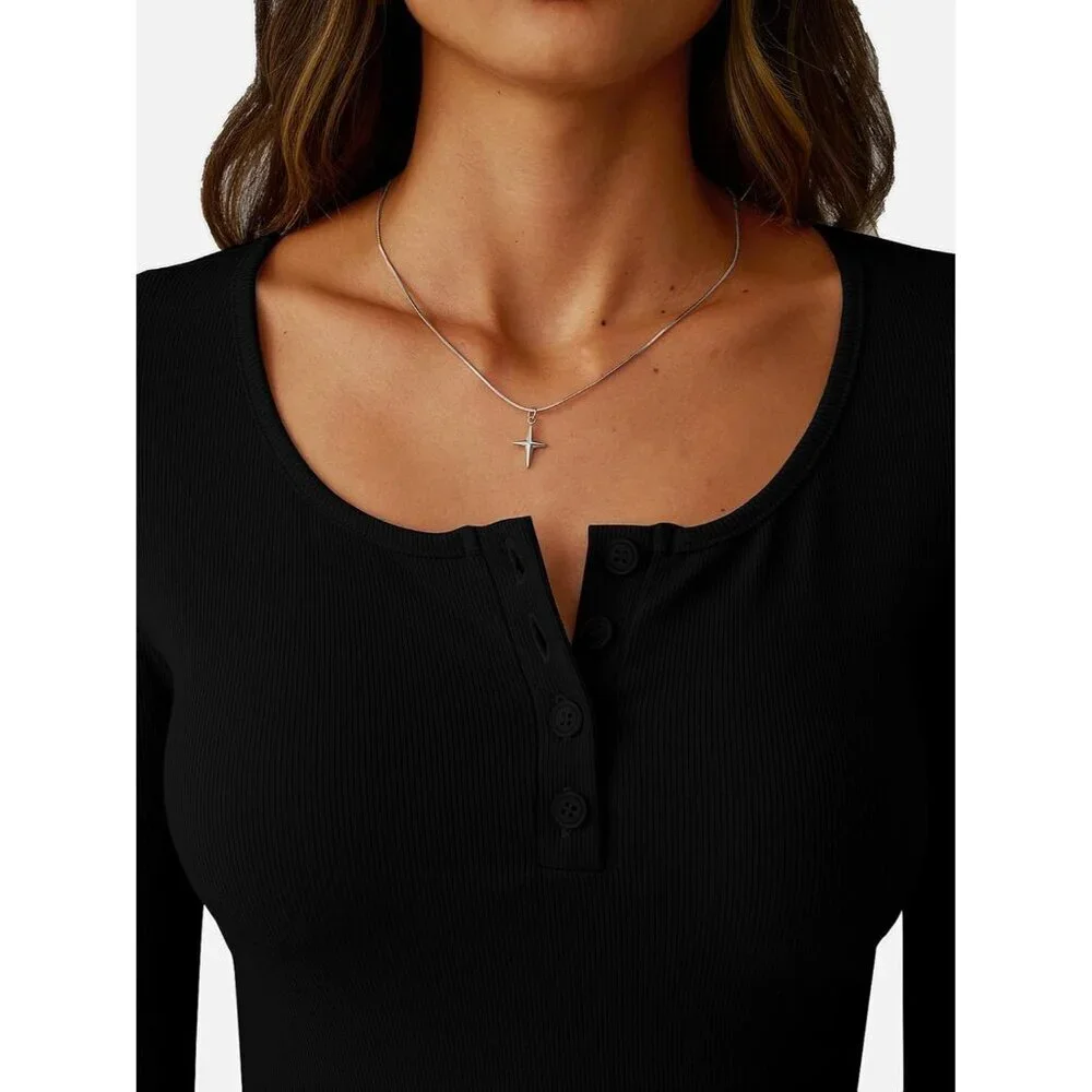 Women's Ribbed Long Sleeve Henley Top Slim Fit Casual Spring Fall Top - Picture 4 of 5